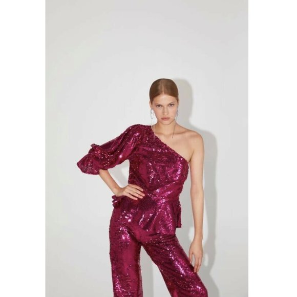 Zara Sequined Asymmetric Peplum Top Puff Sleeve Pink Size XS NEW - Picture 3 of 8